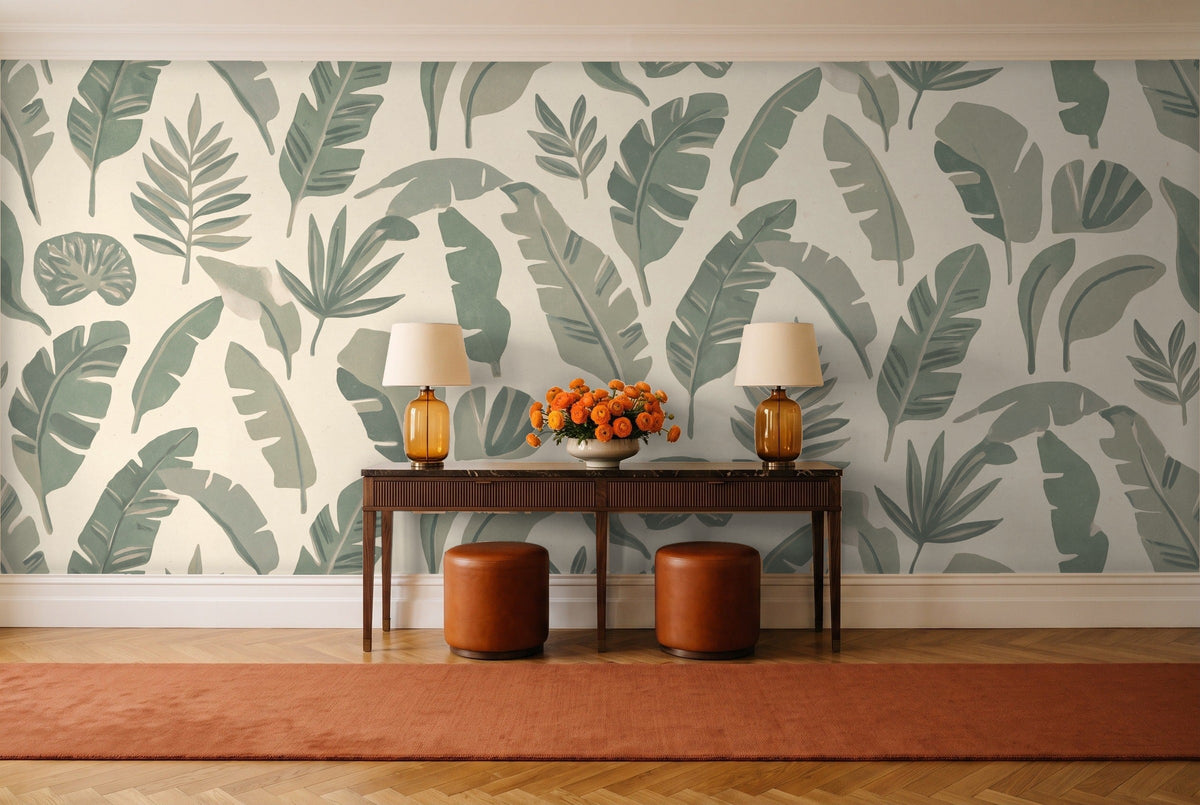 Sage Banana Leaf Tropical Mural in an entryway
