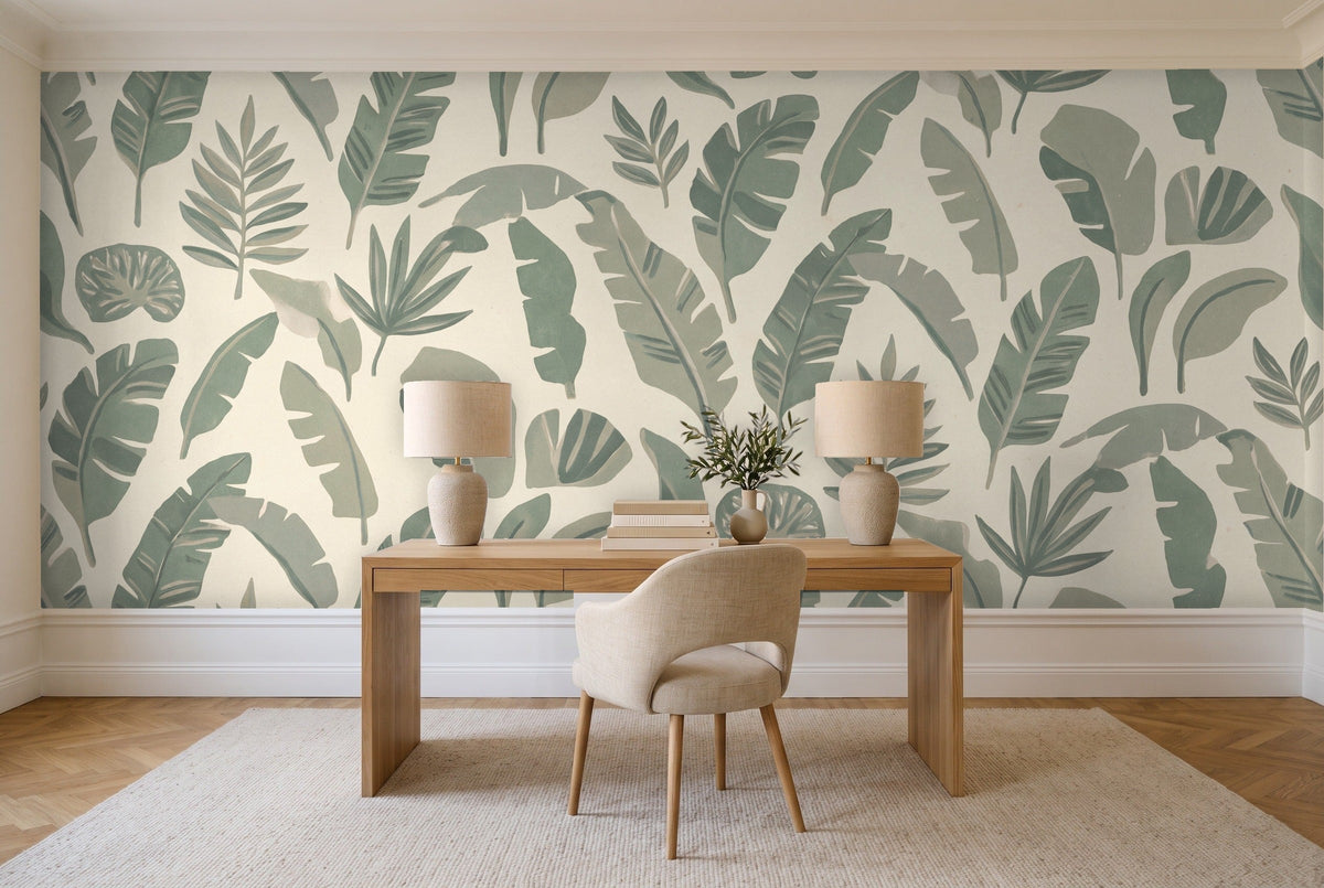 Sage Banana Leaf Tropical Mural in a home office