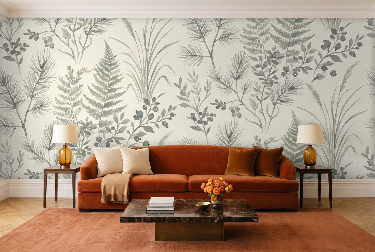 Sage Forest Botanical Mural in a living room