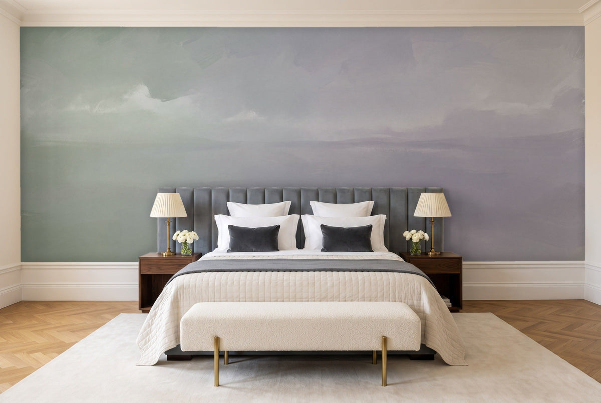 Sage Gradient Abstract Mural in a bedroom