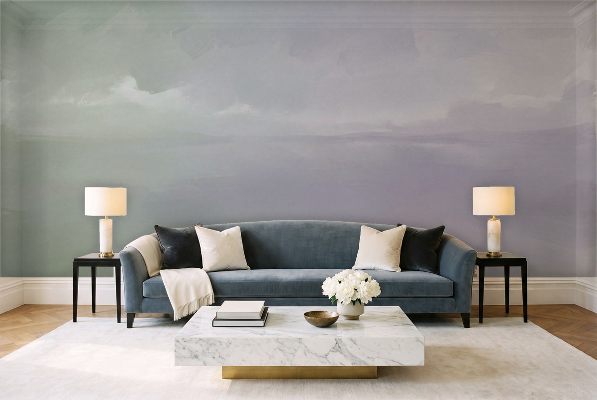 Sage Gradient Abstract Mural in a living room