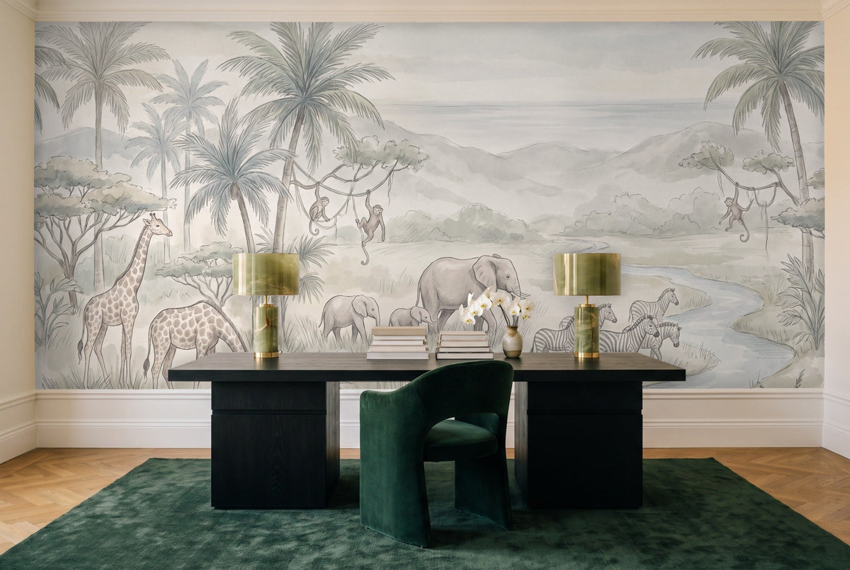 Sage Jungle Animals Landscape Mural in a home office