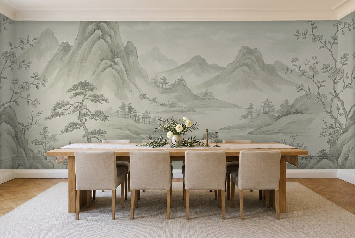 Sage Mountain Landscape Mural in a dining room