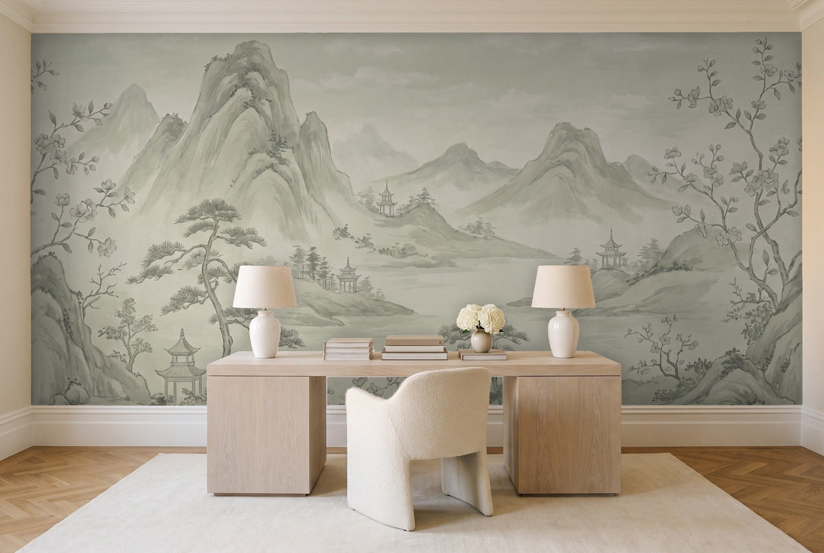 Sage Mountain Landscape Mural in a home office