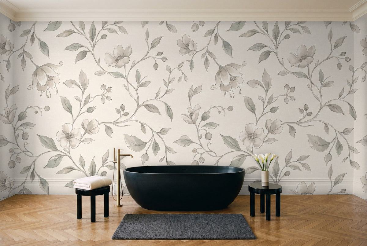 Sage Vine Botanical Mural in a bathroom