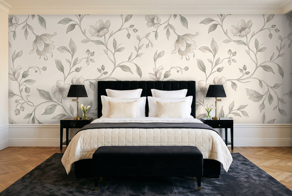 Sage Vine Botanical Mural in a bedroom