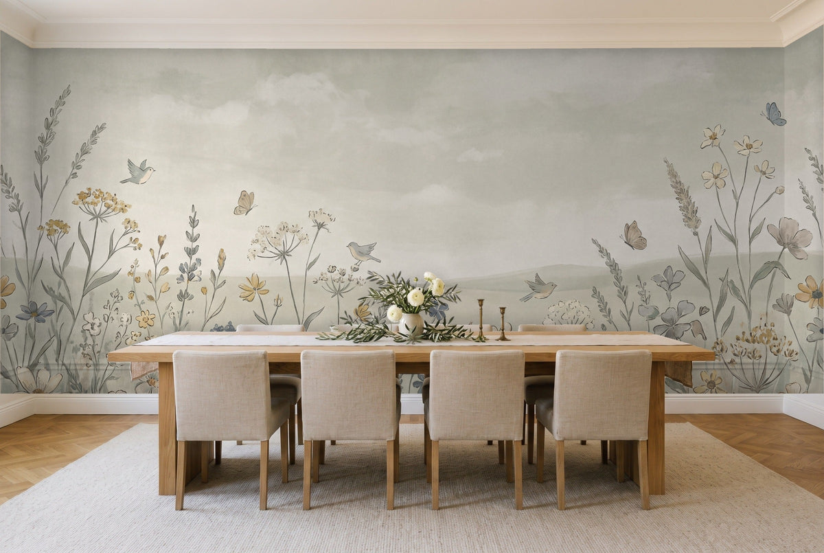 Sage Wildflower Meadow Floral Mural in a dining room