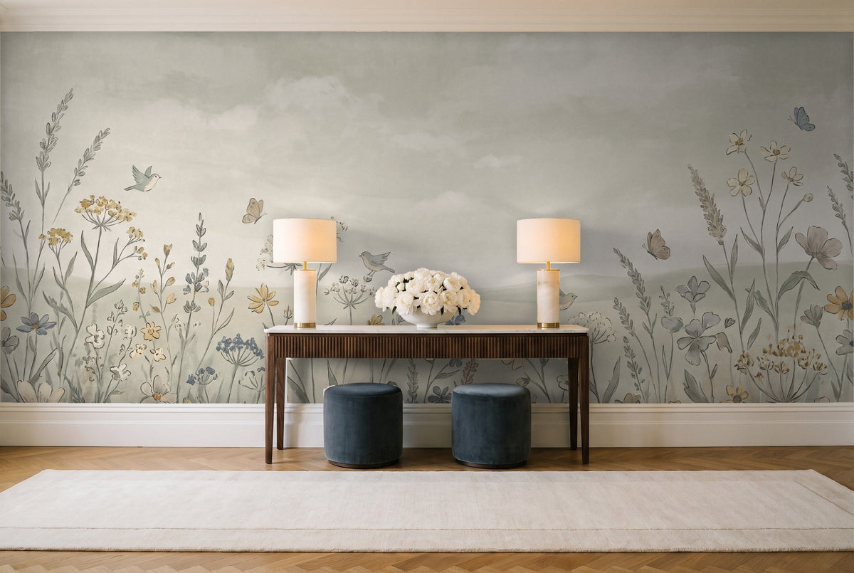 Sage Wildflower Meadow Floral Mural in an entryway