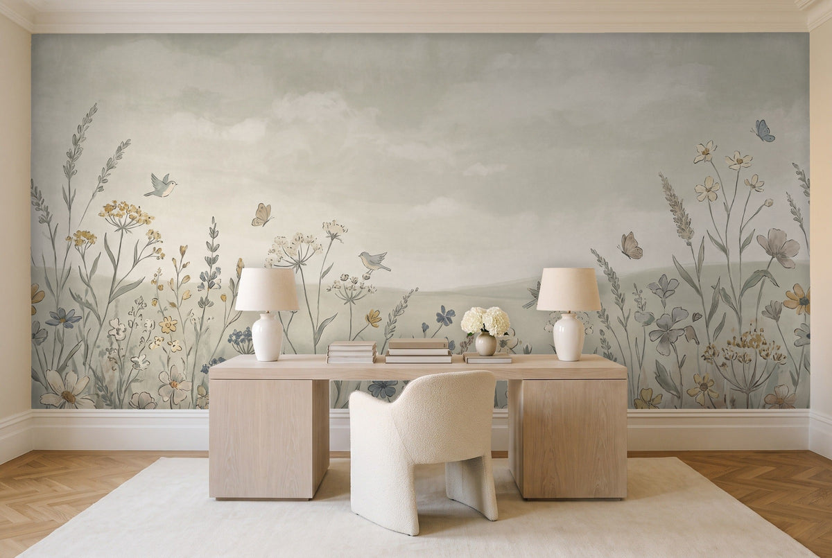 Sage Wildflower Meadow Floral Mural in a home office