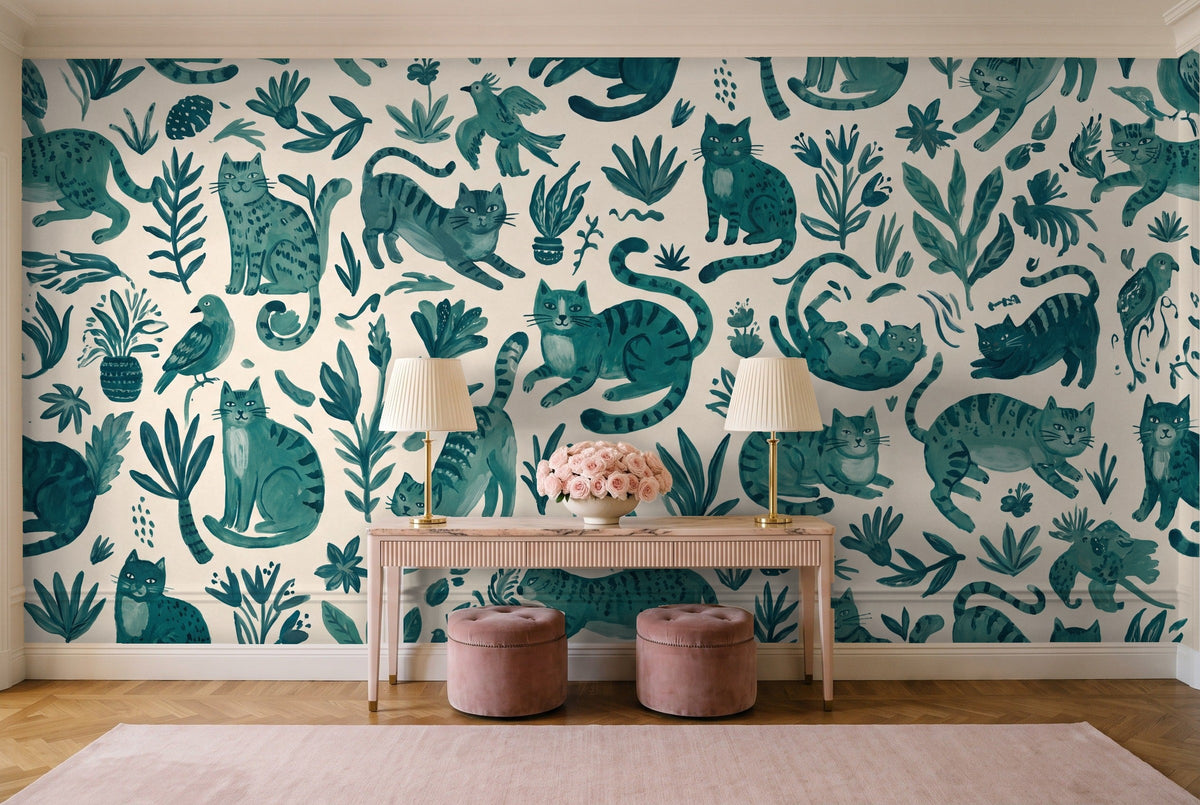 Teal Cat Animal Mural in an entryway