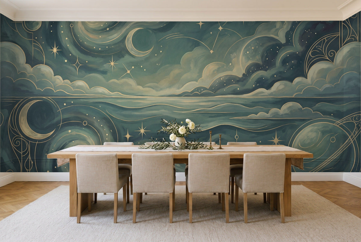 Teal Galaxy Celestial Mural in a dining room