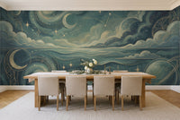 Teal Galaxy Celestial Mural in a dining room