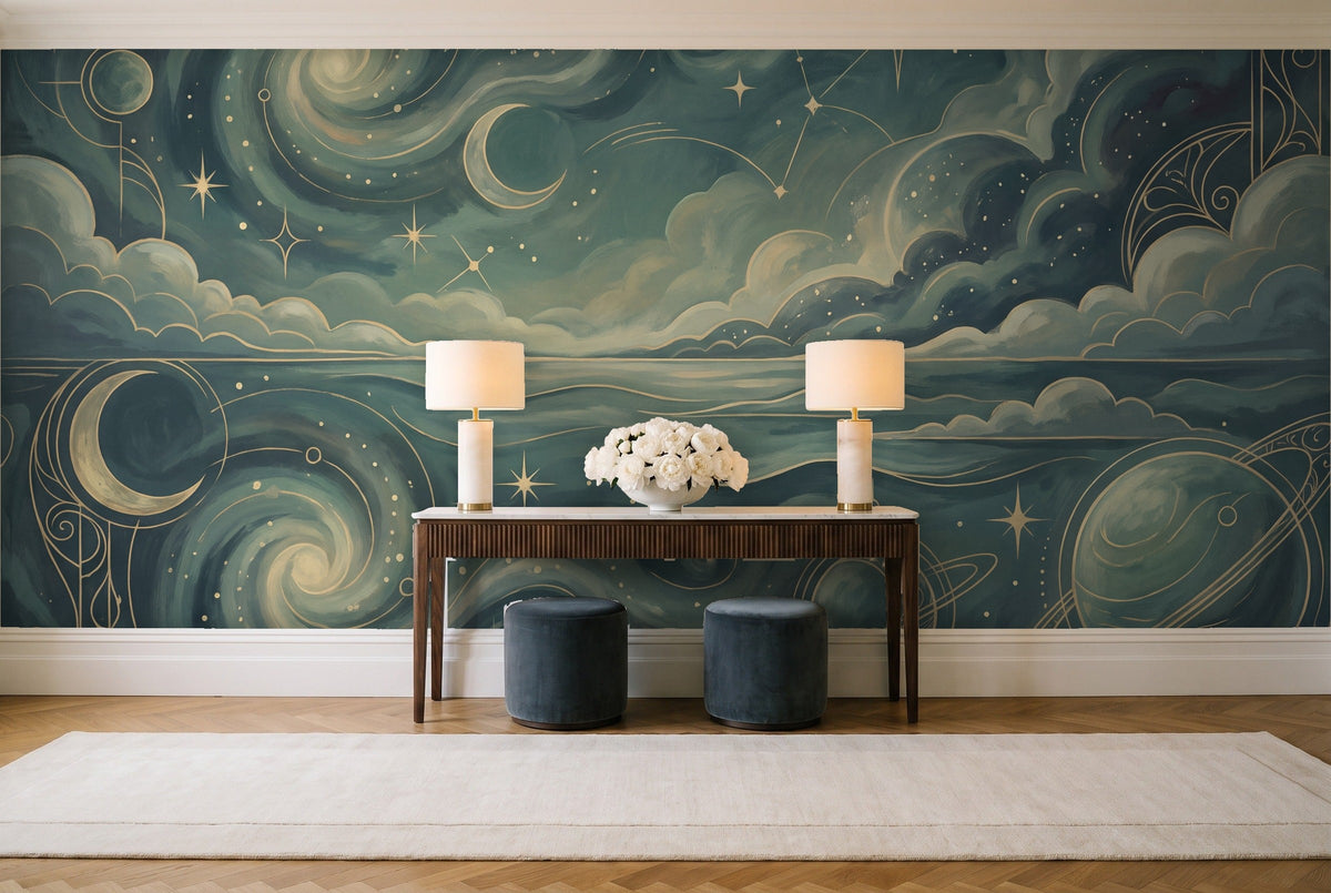 Teal Galaxy Celestial Mural in an entryway