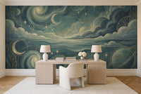 Teal Galaxy Celestial Mural in a home office