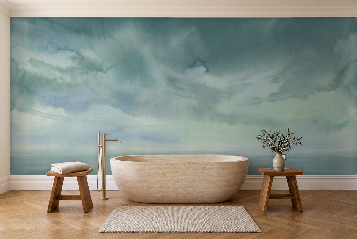 Teal Sky Landscape Mural in a bathroom