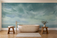 Teal Sky Landscape Mural in a bathroom