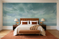 Teal Sky Landscape Mural in a bedroom