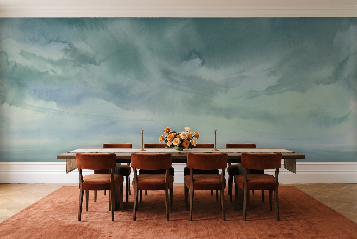 Teal Sky Landscape Mural in a dining room