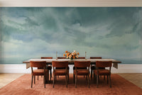 Teal Sky Landscape Mural in a dining room
