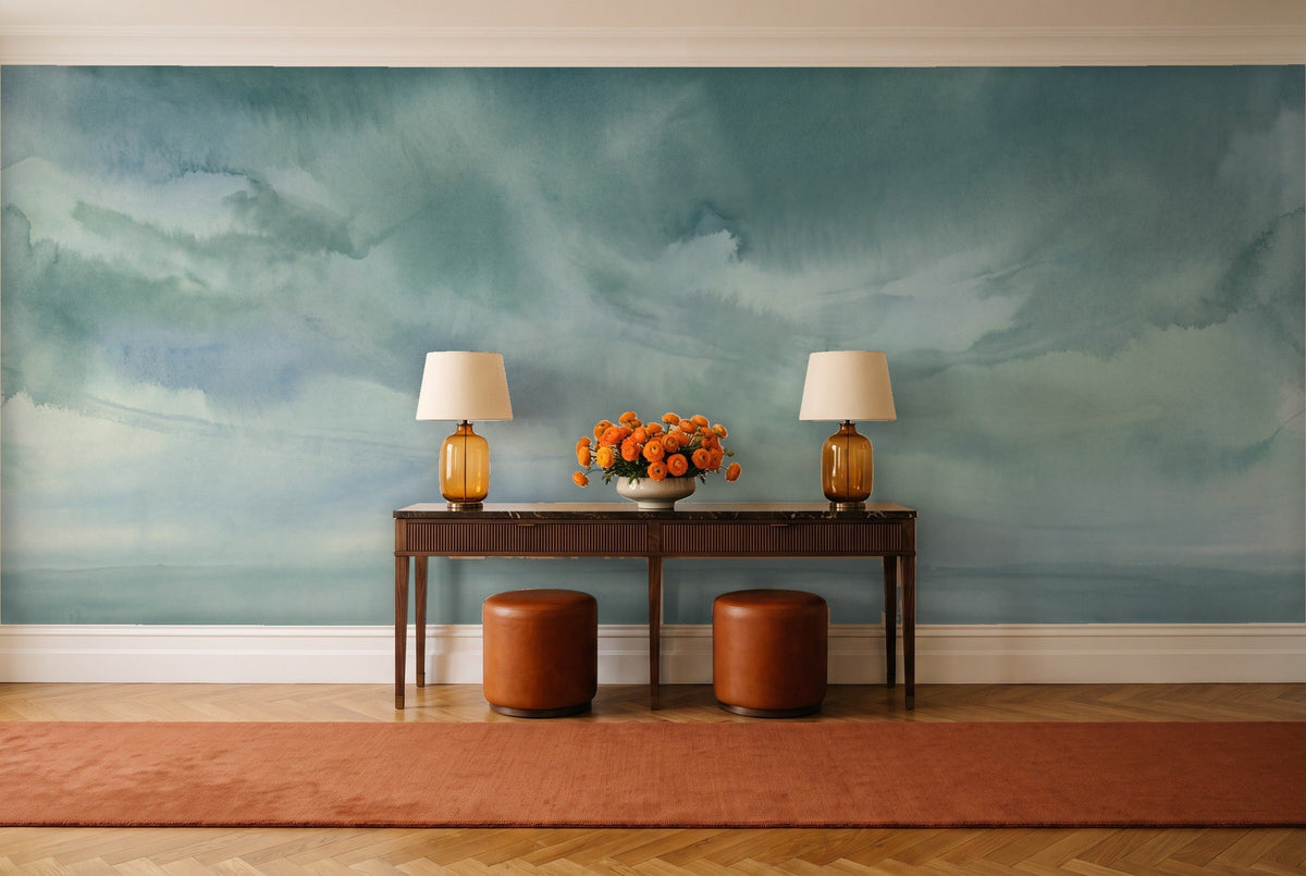Teal Sky Landscape Mural in an entryway