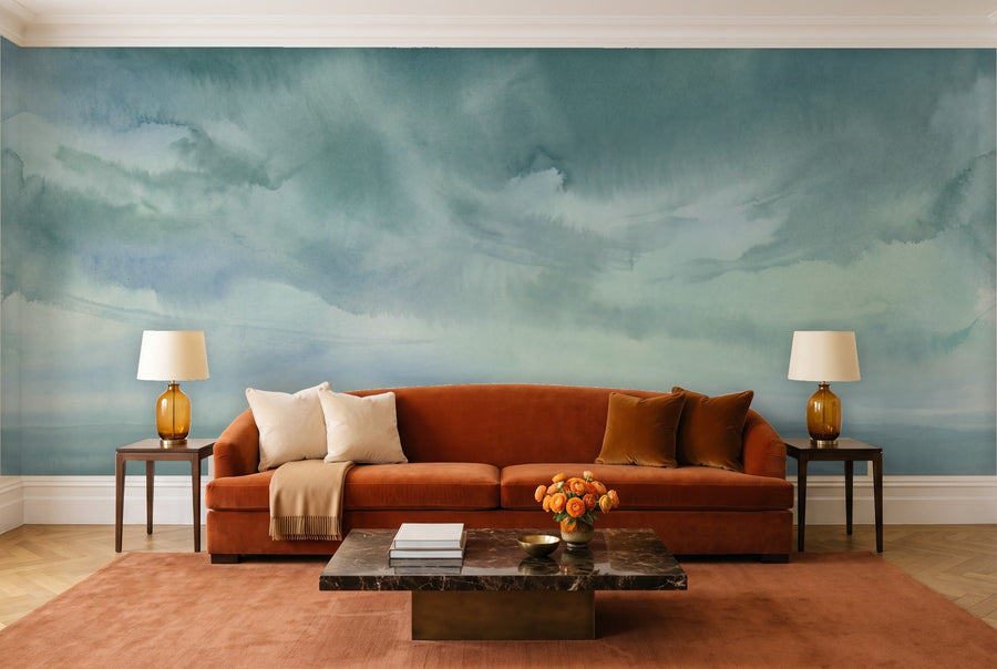 Teal Sky Landscape Mural on a wall