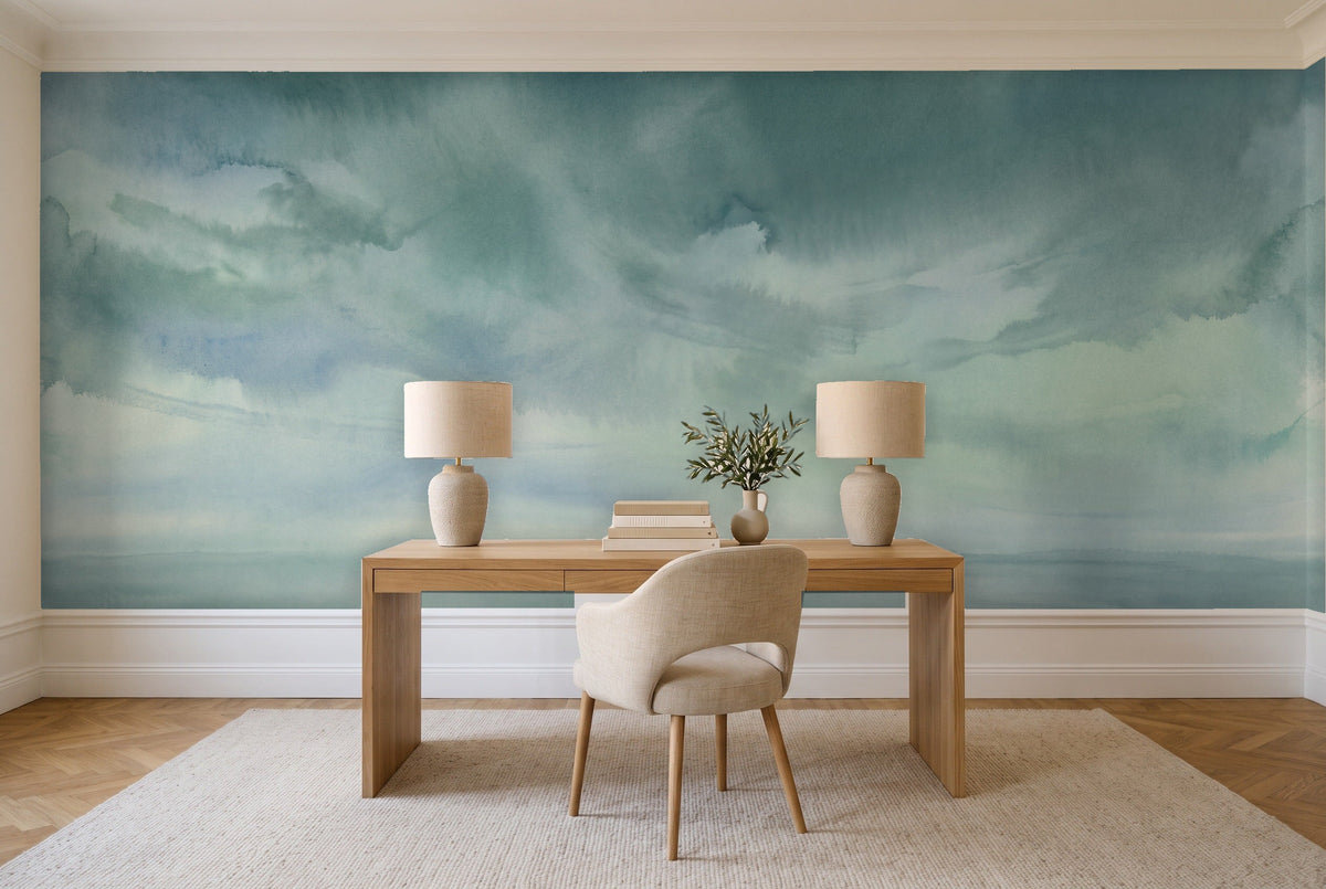 Teal Sky Landscape Mural in a home office