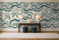 Teal Wave Abstract Mural in an entryway