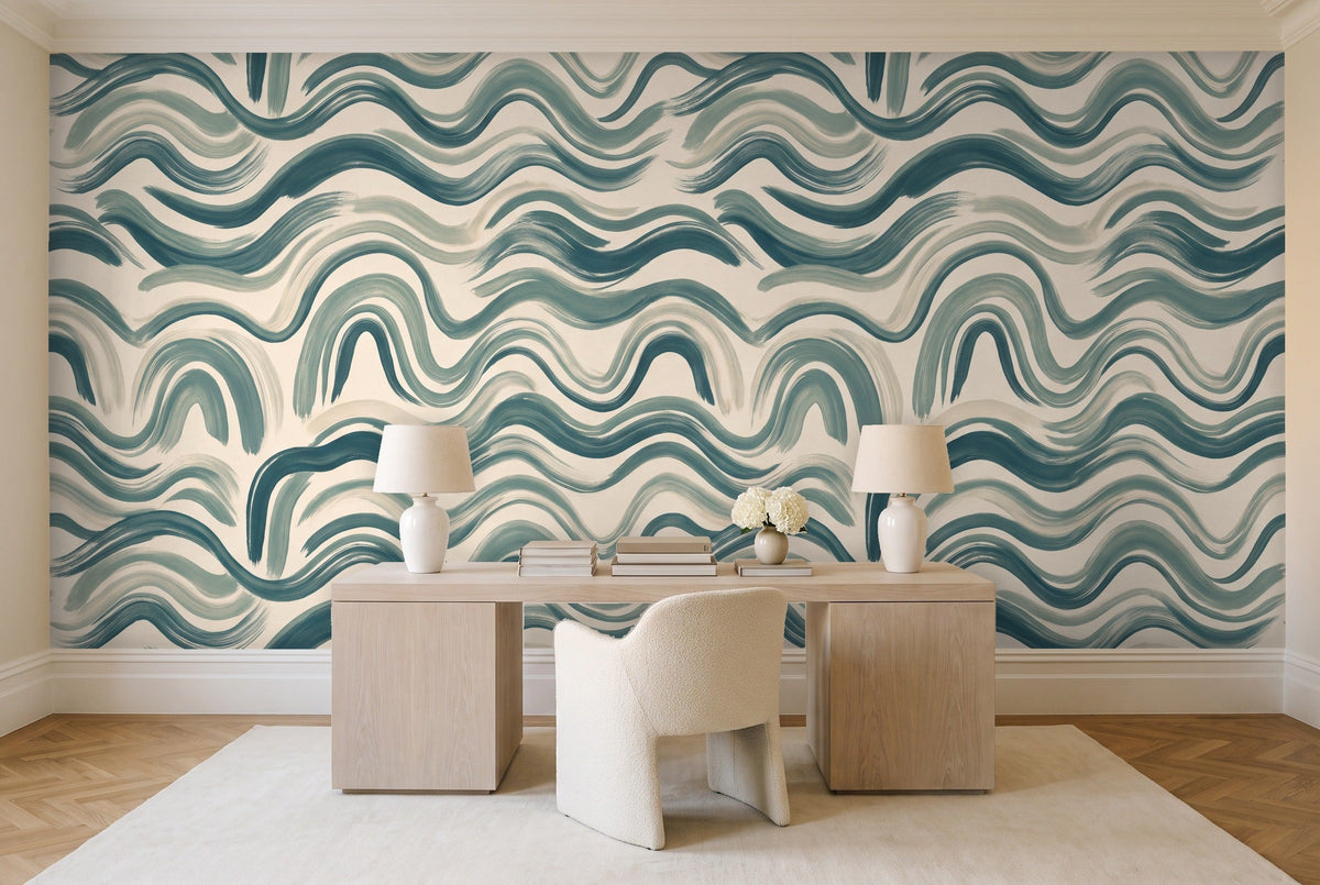 Teal Wave Abstract Mural in a home office