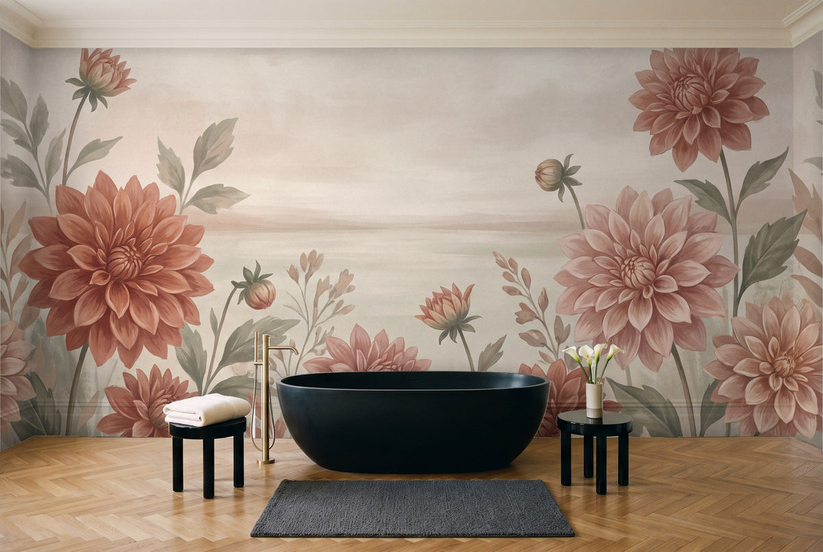 Terracotta Dahlia Floral Mural in a bathroom