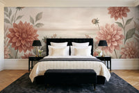 Terracotta Dahlia Floral Mural in a bedroom