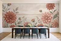 Terracotta Dahlia Floral Mural in a dining room