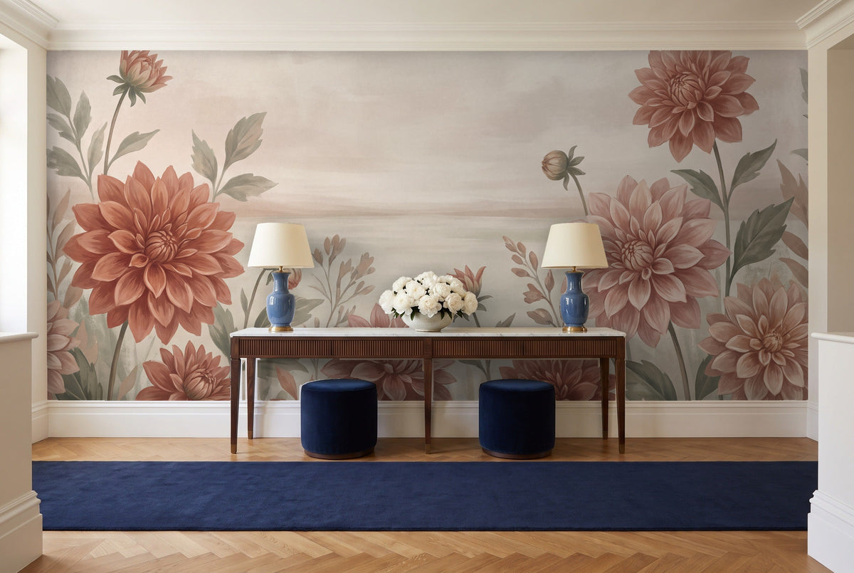 Terracotta Dahlia Floral Mural in an entryway