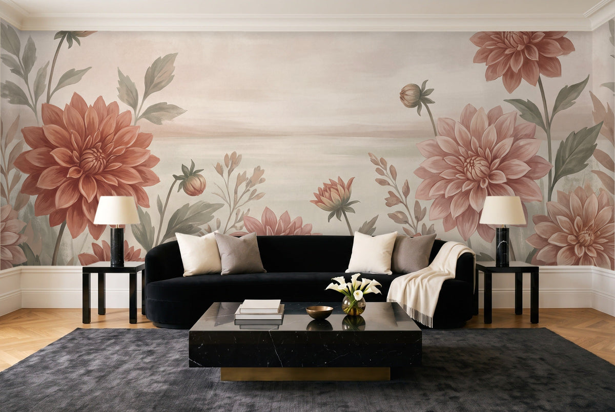 Terracotta Dahlia Floral Mural in a living room
