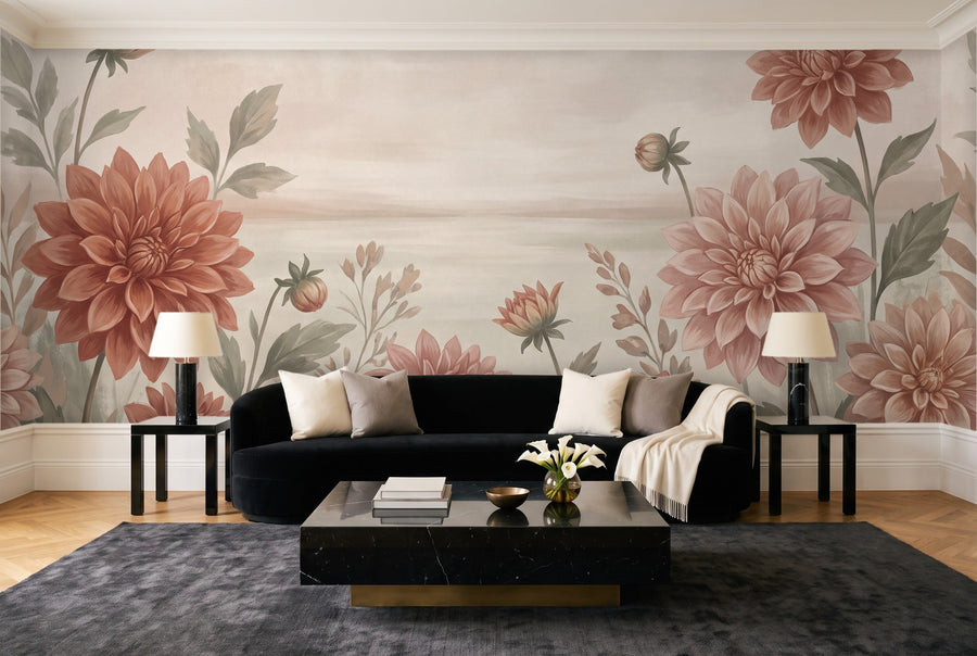 Terracotta Dahlia Floral Mural on a wall