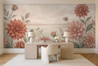 Terracotta Dahlia Floral Mural in a home office