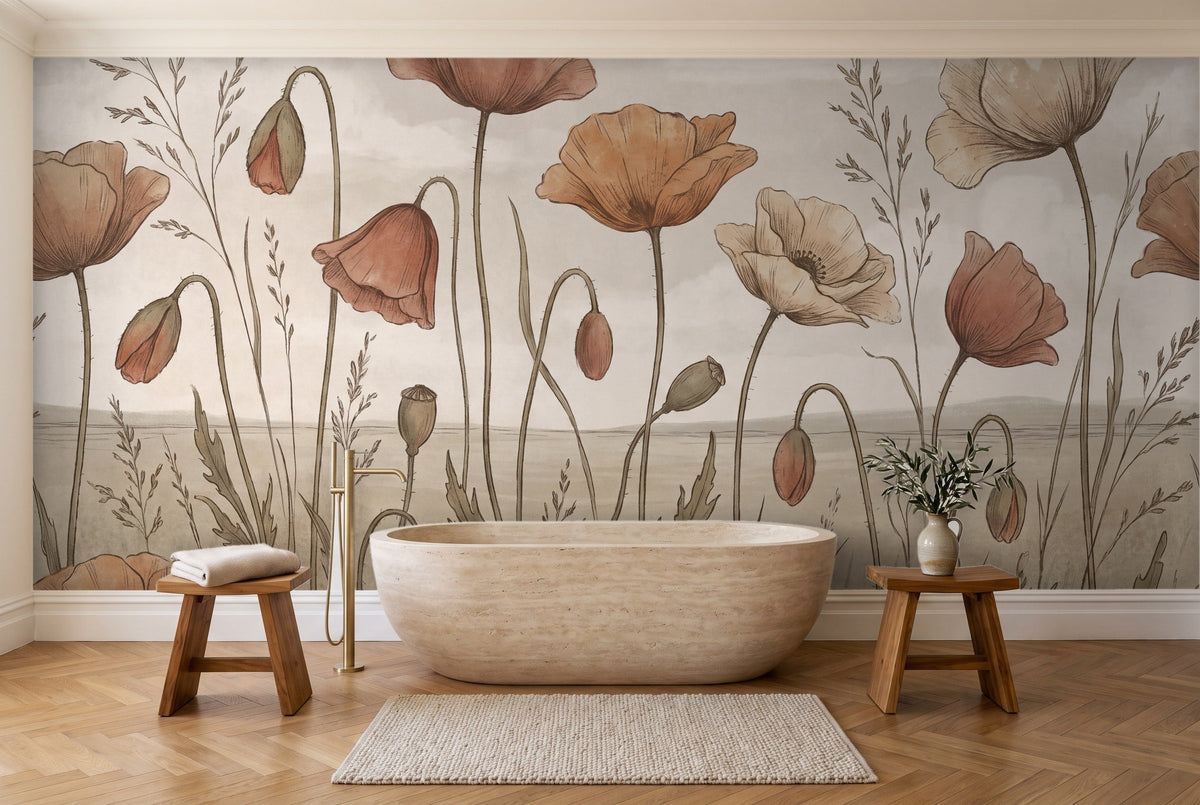 Terracotta Poppy Floral Mural in a bathroom