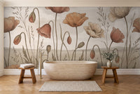 Terracotta Poppy Floral Mural in a bathroom