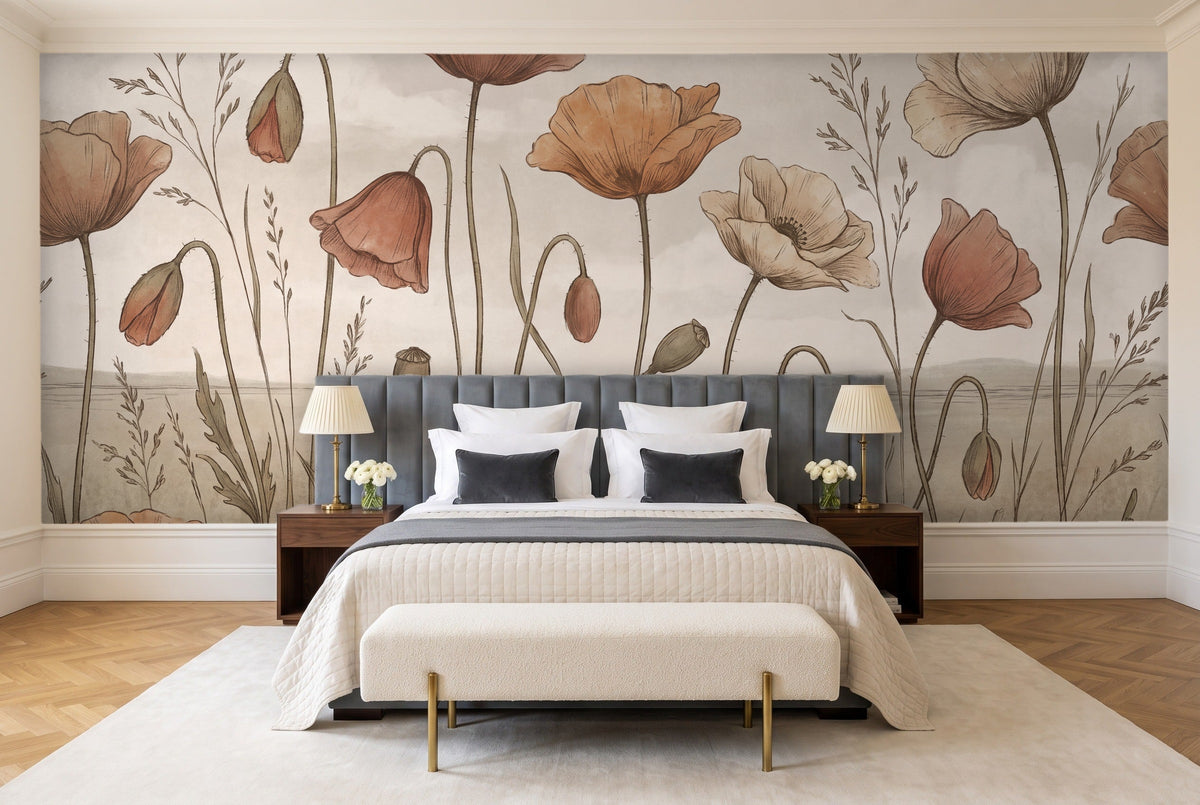 Terracotta Poppy Floral Mural in a bedroom