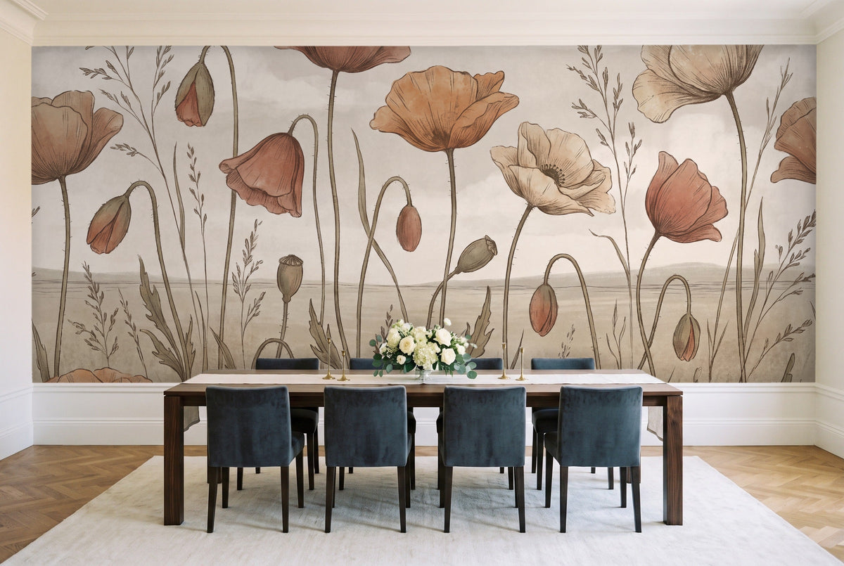 Terracotta Poppy Floral Mural in a dining room