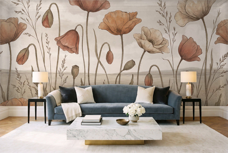 Terracotta Poppy Floral Mural on a wall
