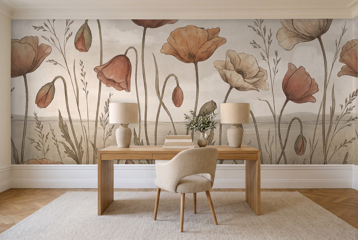 Terracotta Poppy Floral Mural in a home office