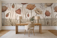 Terracotta Poppy Floral Mural in a home office
