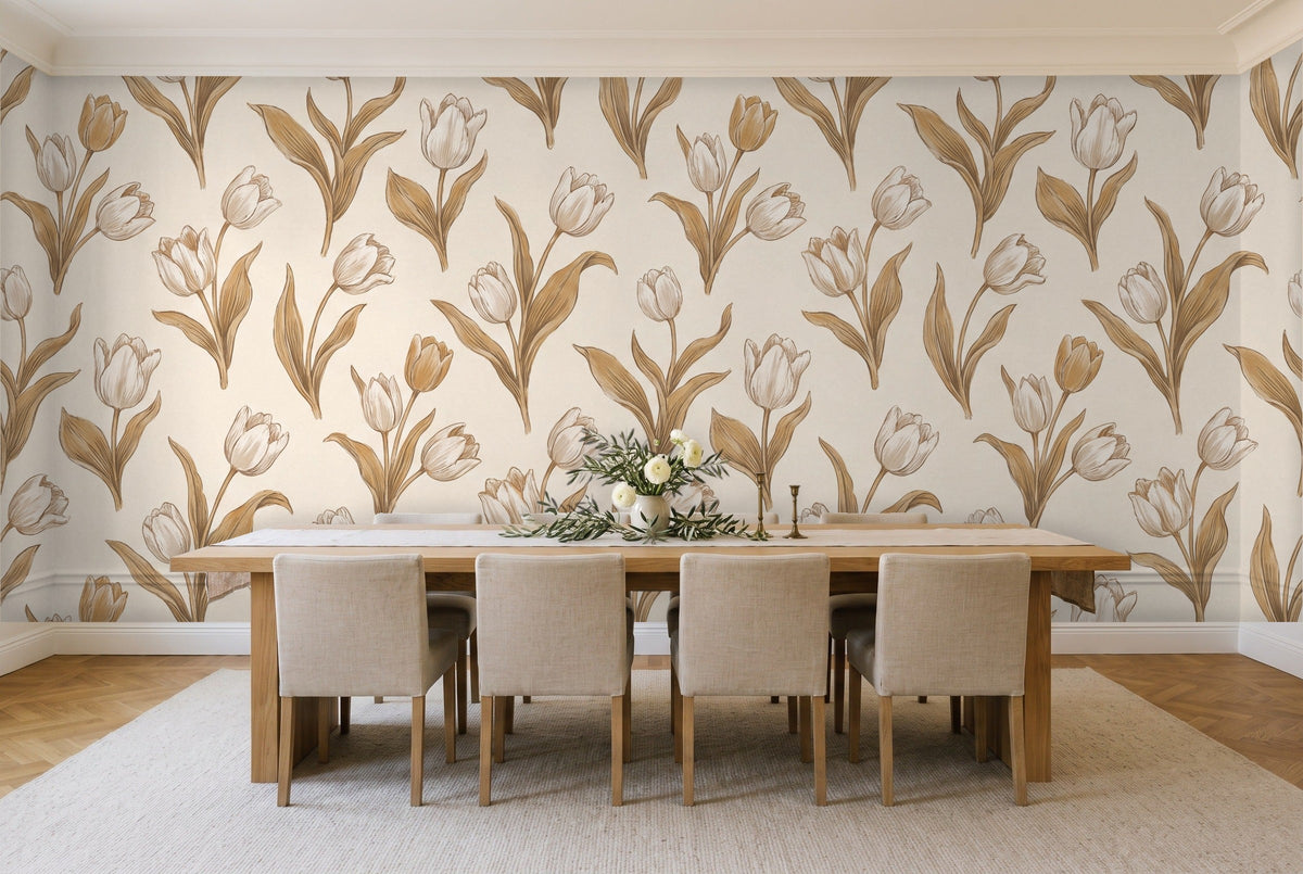 White And Gold Tulip Floral Mural in a dining room
