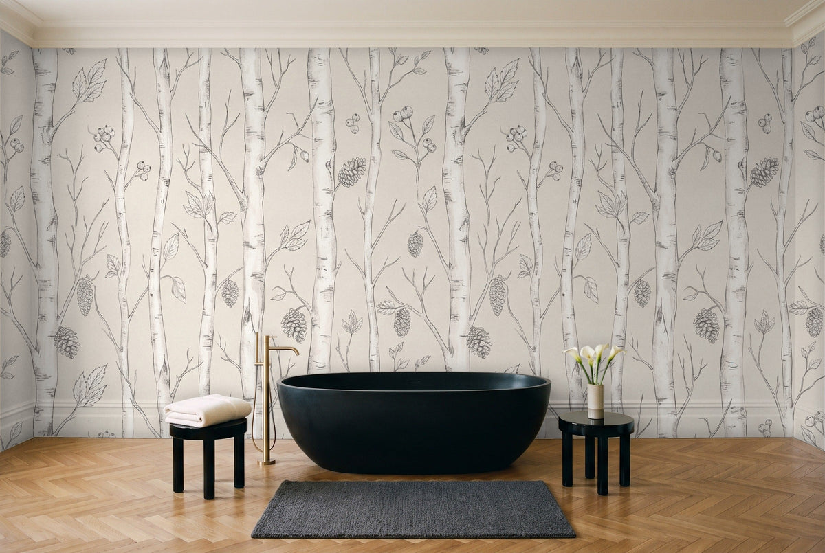 White Birch Botanical Mural in a bathroom