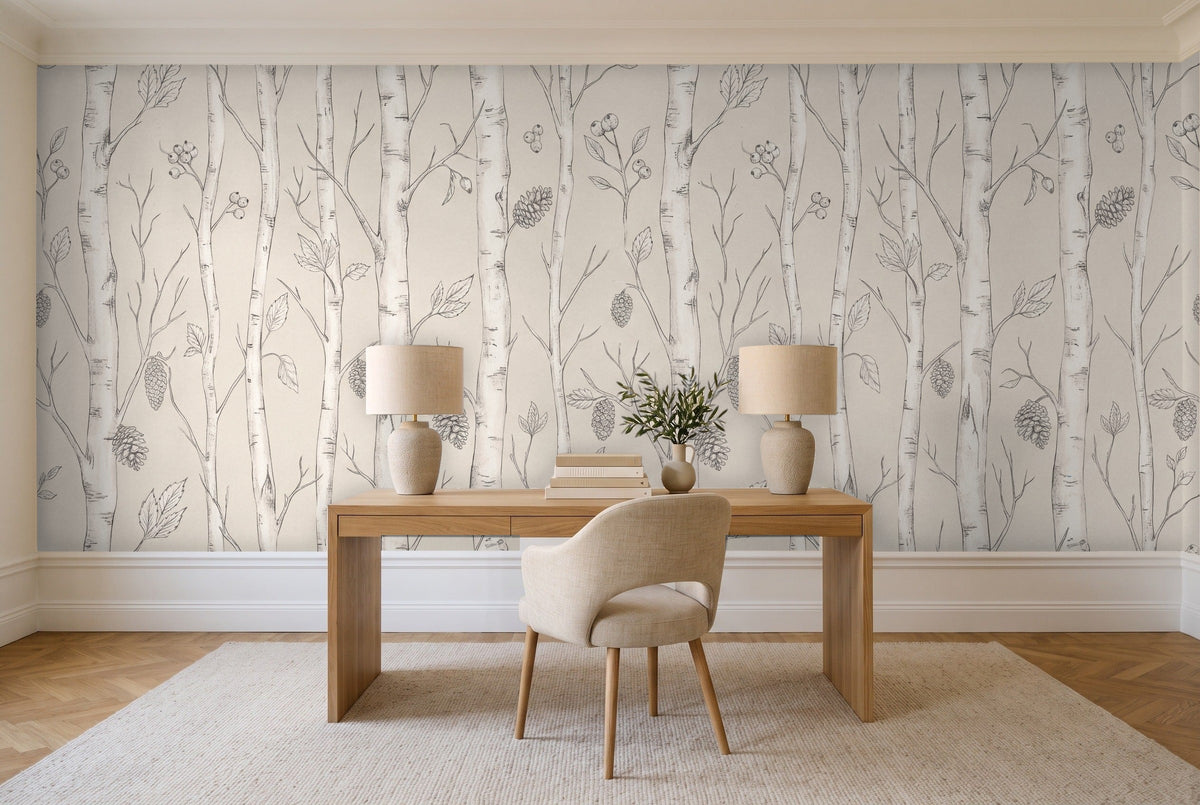 White Birch Botanical Mural in a home office