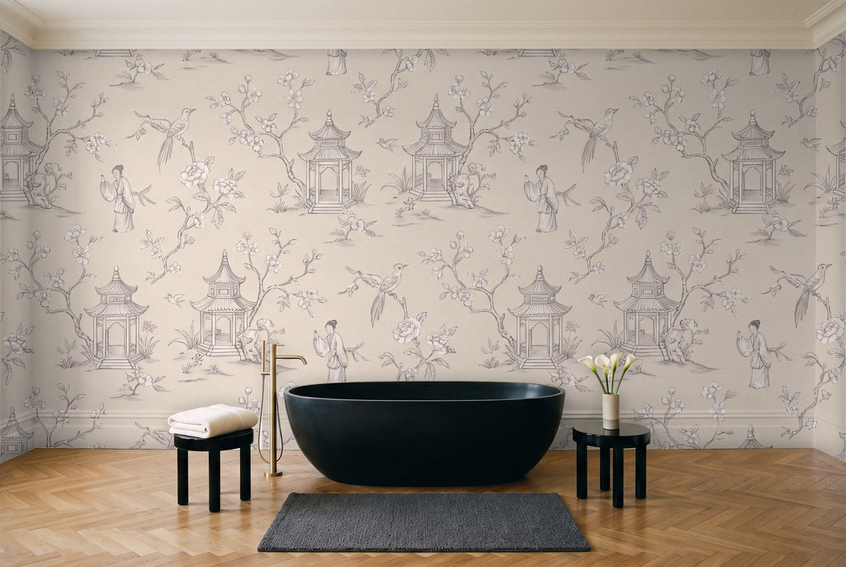 White Chinoiserie Mural in a bathroom
