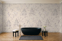 White Chinoiserie Mural in a bathroom