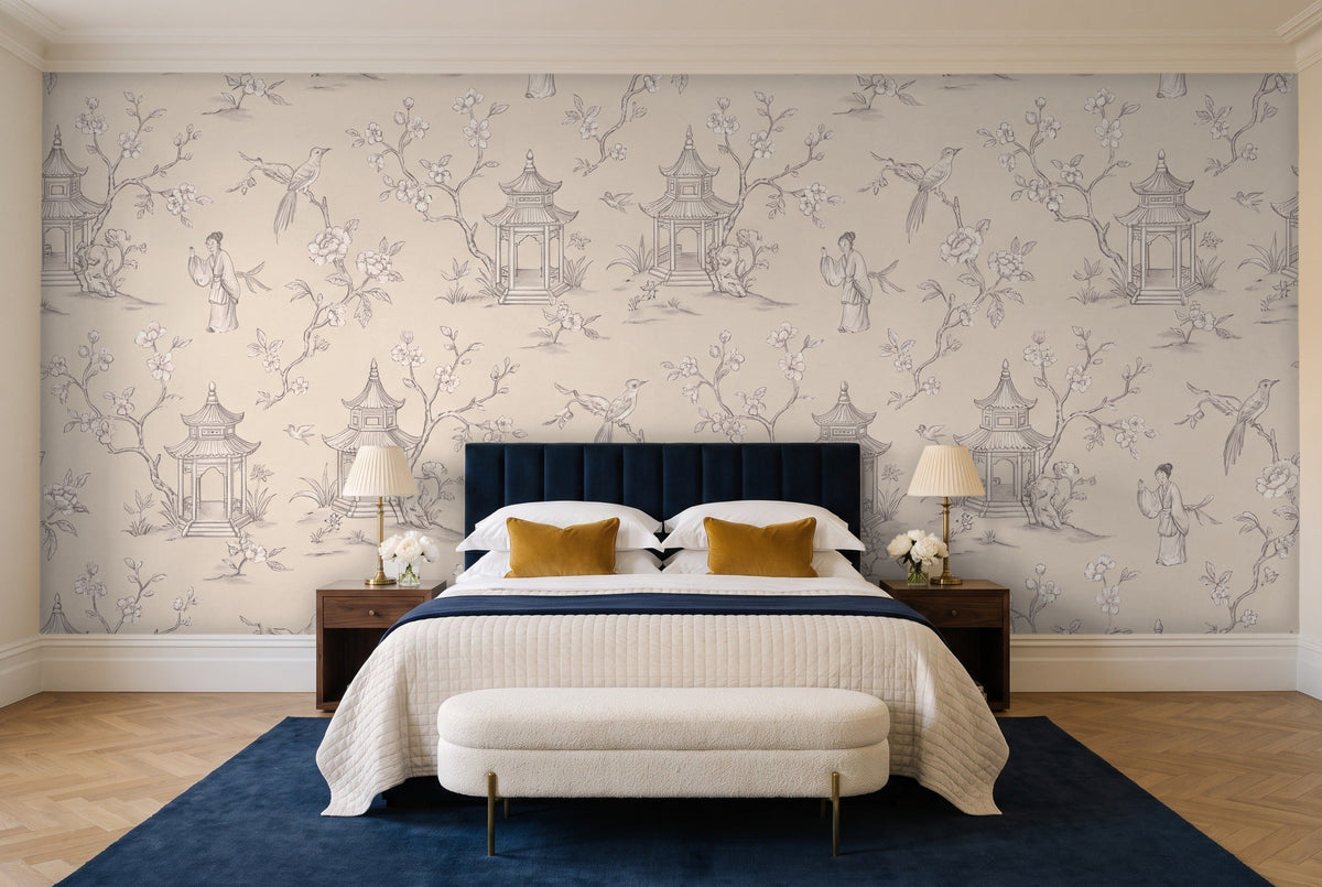 White Chinoiserie Mural in a bedroom