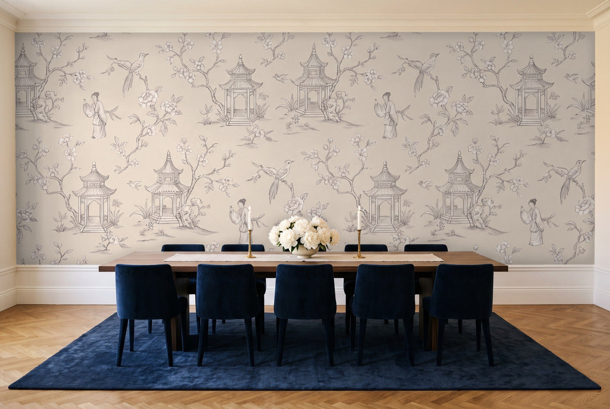 White Chinoiserie Mural in a dining room