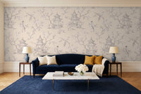 White Chinoiserie Mural in a living room